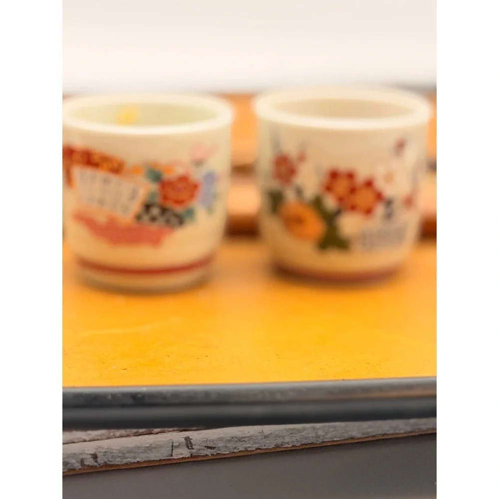 Vintage Japanese Sake Cup Set 2 Ceramic Floral Calligraphy Ochoko Made in Japan